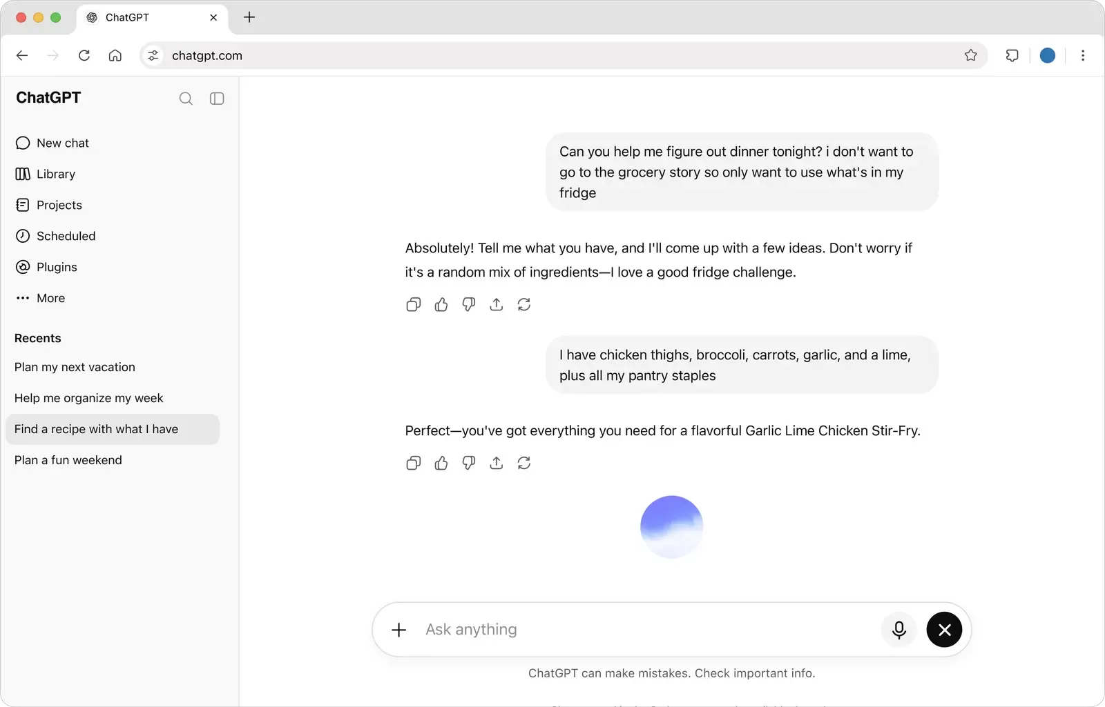 ChatGPT conversation about planning a meal from ingredients already on hand, with New chat, Library, and Projects in the sidebar