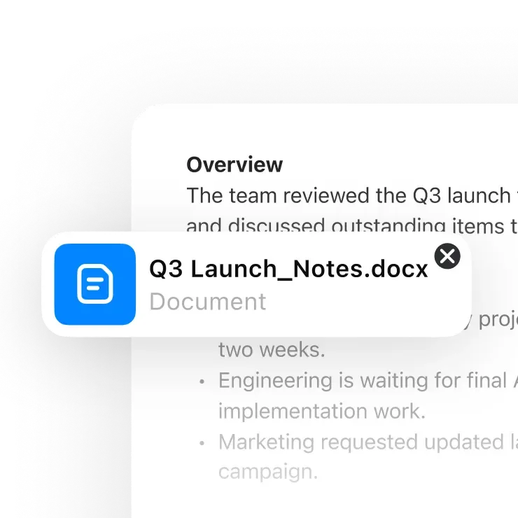 A document named Q3 Launch Notes attached over a written overview in the ChatGPT interface